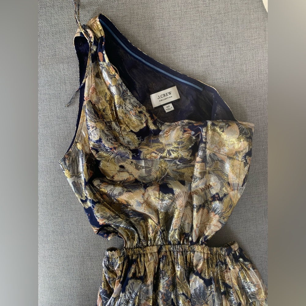 J. Crew Collection black-tie Lurex chiffon one shoulder navy and gold gown